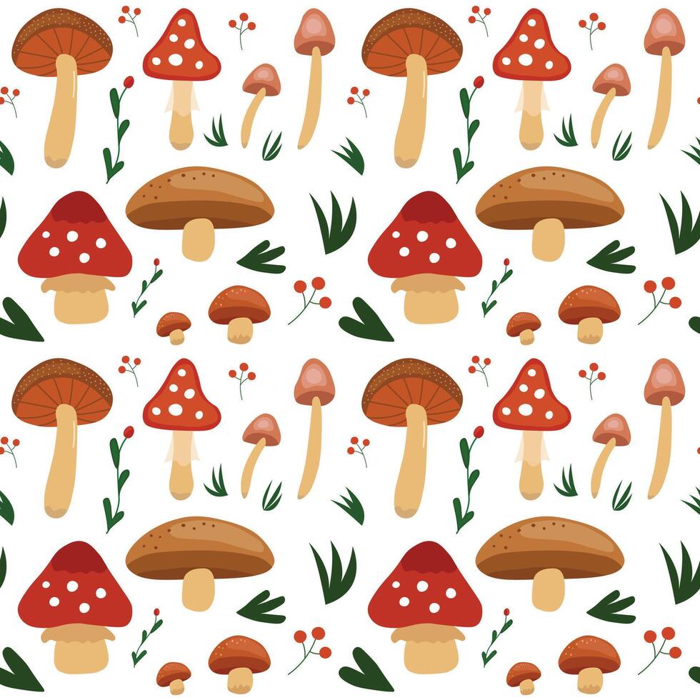 Seamless pattern illustration with mushrooms and plants vector