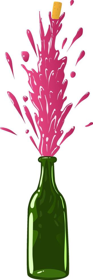 A green bottle of wine opened and sprinkling wine. illustration the glass bottle opened noisily and the cork flies up and the red brown liquid rushes up after the cork. rose champagne wine or vector