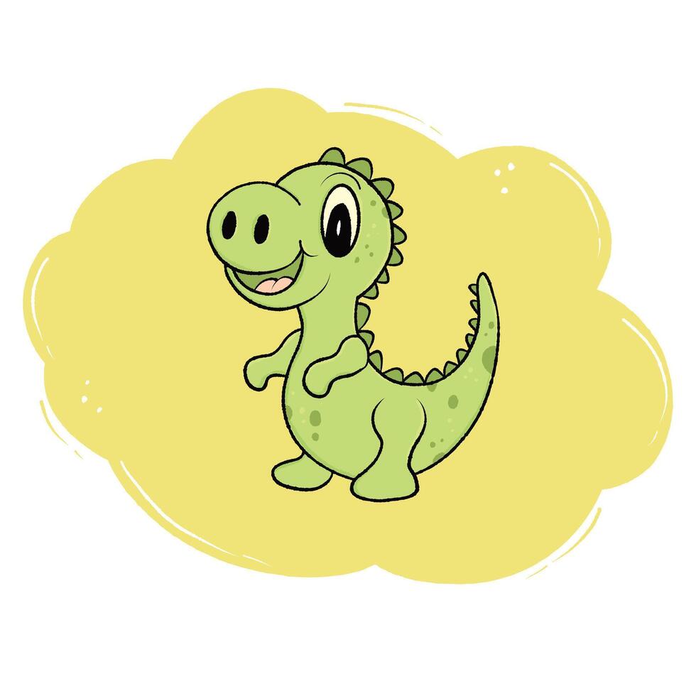 Cute baby green dinosaur illustration whit yellow cloud background vector
