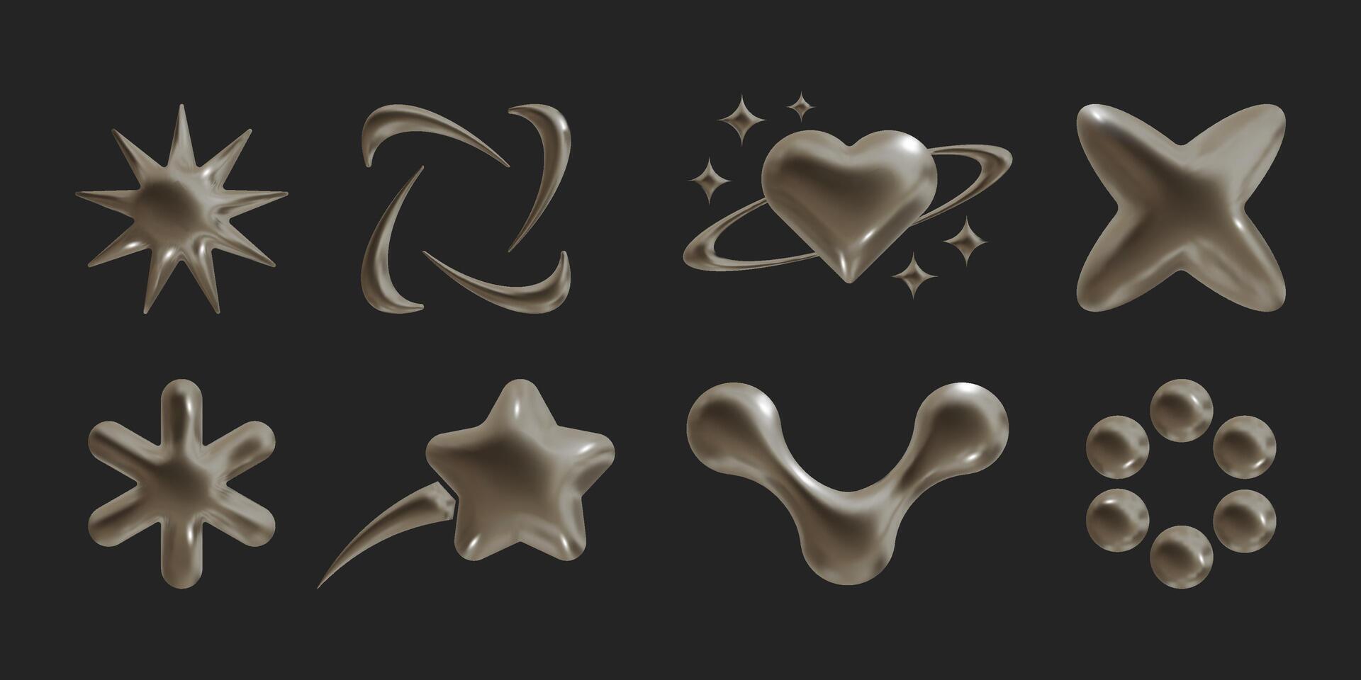 Set of Y2k geometric 3D render bronze shapes trendy retro futuristic design elements, infographic shapes. Modern concept with symbols and objects, star, heart illustration for UI and UX vector