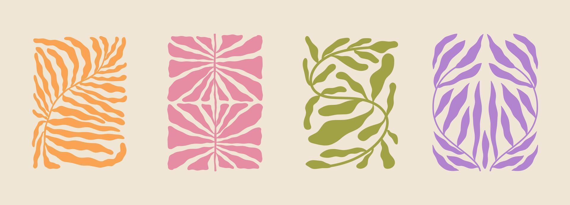 Trendy aesthetic posters with abstract groovy floral shape with flowers and leaves. Simple irregular wild plants. Naive funky prints for wall art, interior decorations. Boho summer illustrations vector