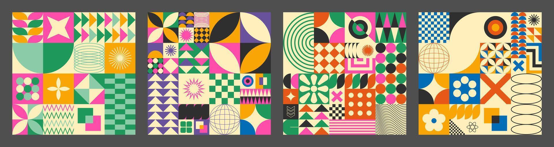 Abstract simple geometric seamless pattern with figure, form, shapes, circle and lines in Bauhaus style. Vibrant grunge geometry brutalism y2k 2000s print. Modern collage illustration vector