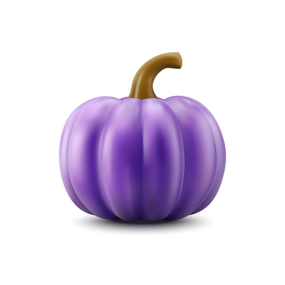 Realistic 3D Purple Pumpkin for Halloween. Cute Cartoon Design Isolated on White Background. Happy Halloween Illustration concept render objects for Holiday poster, flyer brochure and template vector
