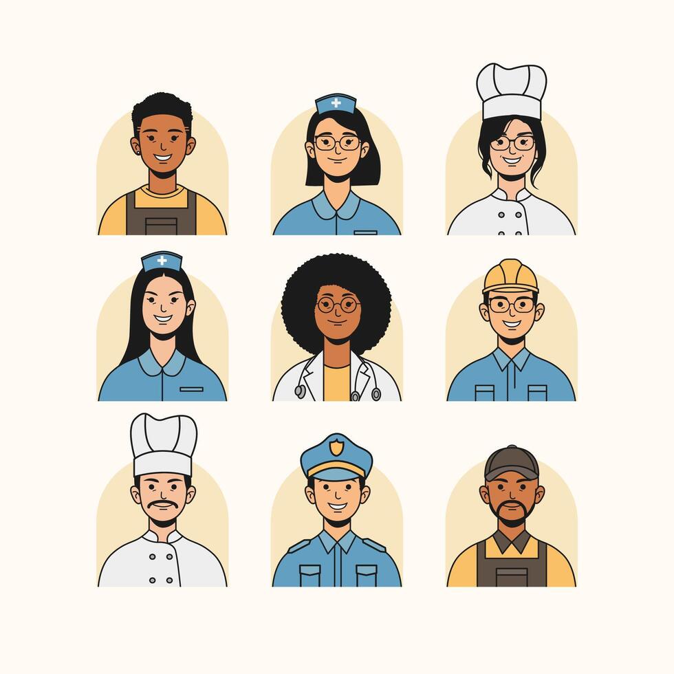 Labor Day Profession Avatar Profile Flat Line color illustration set vector