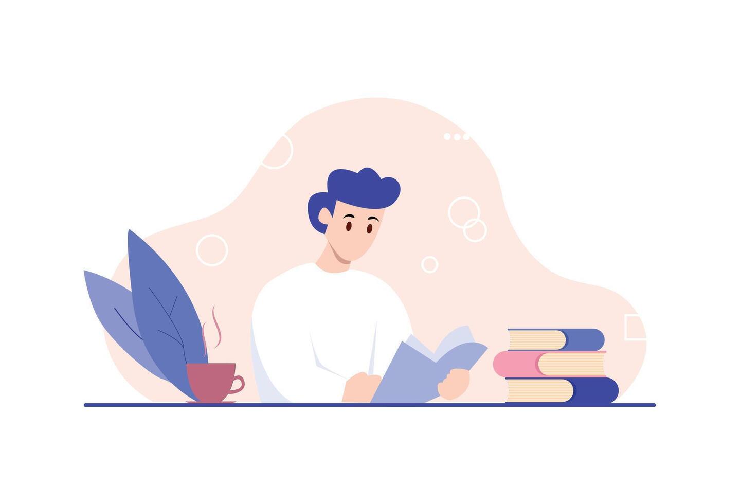 A man in a white shirt is reading a book with a cup of coffee and a stack of books on the table. simple flat design, flat illustration, EPS 10. vector