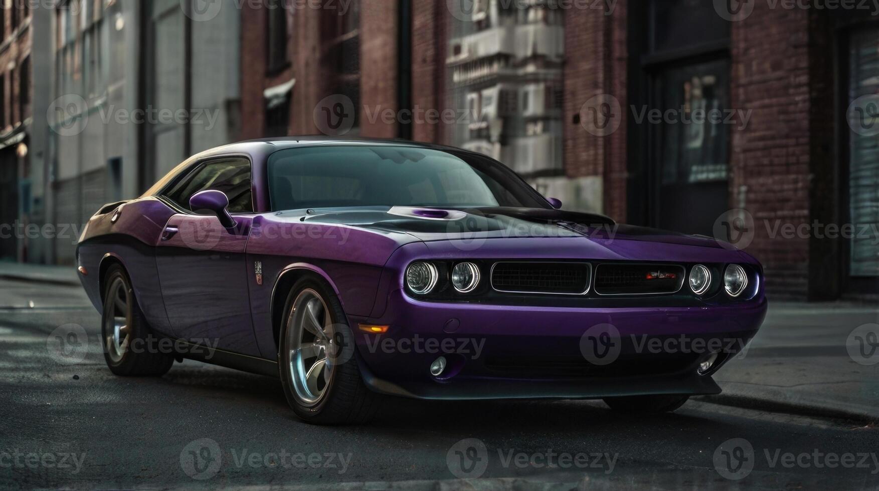 a dodge challenger is parked on the street photo