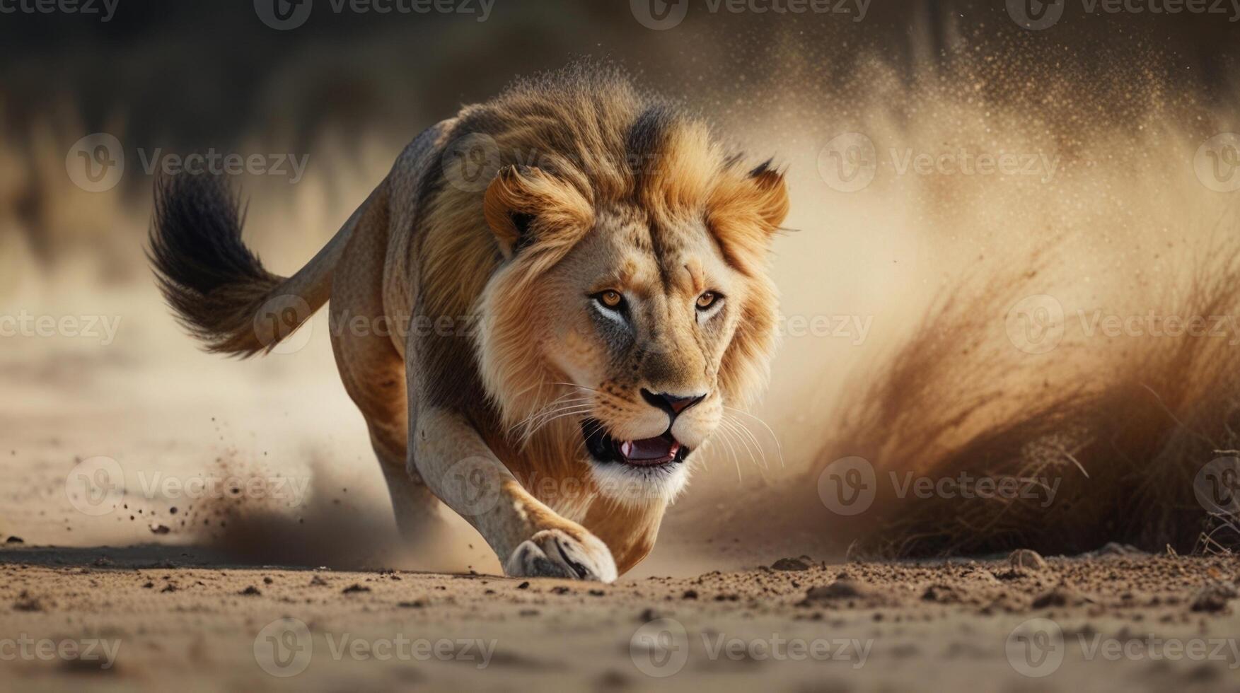 lion running in the desert photo