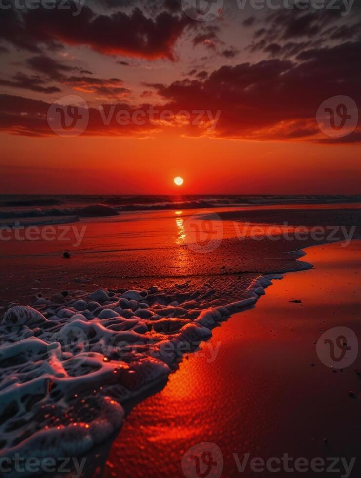 a red sunset over the ocean and beach photo