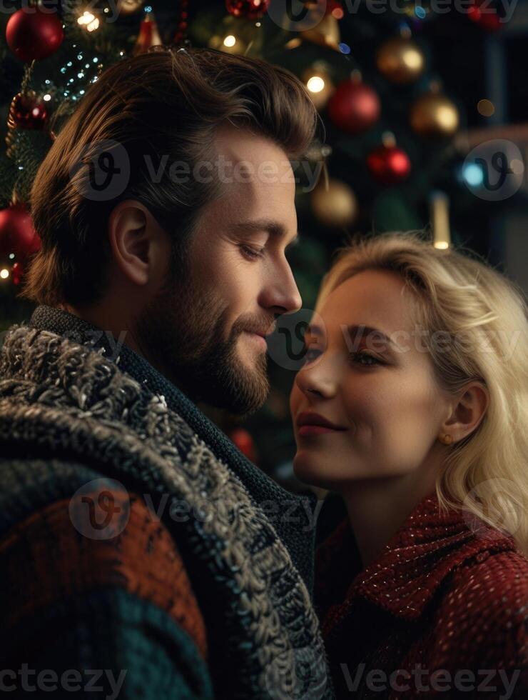 a man and woman are smiling in front of a christmas tree photo