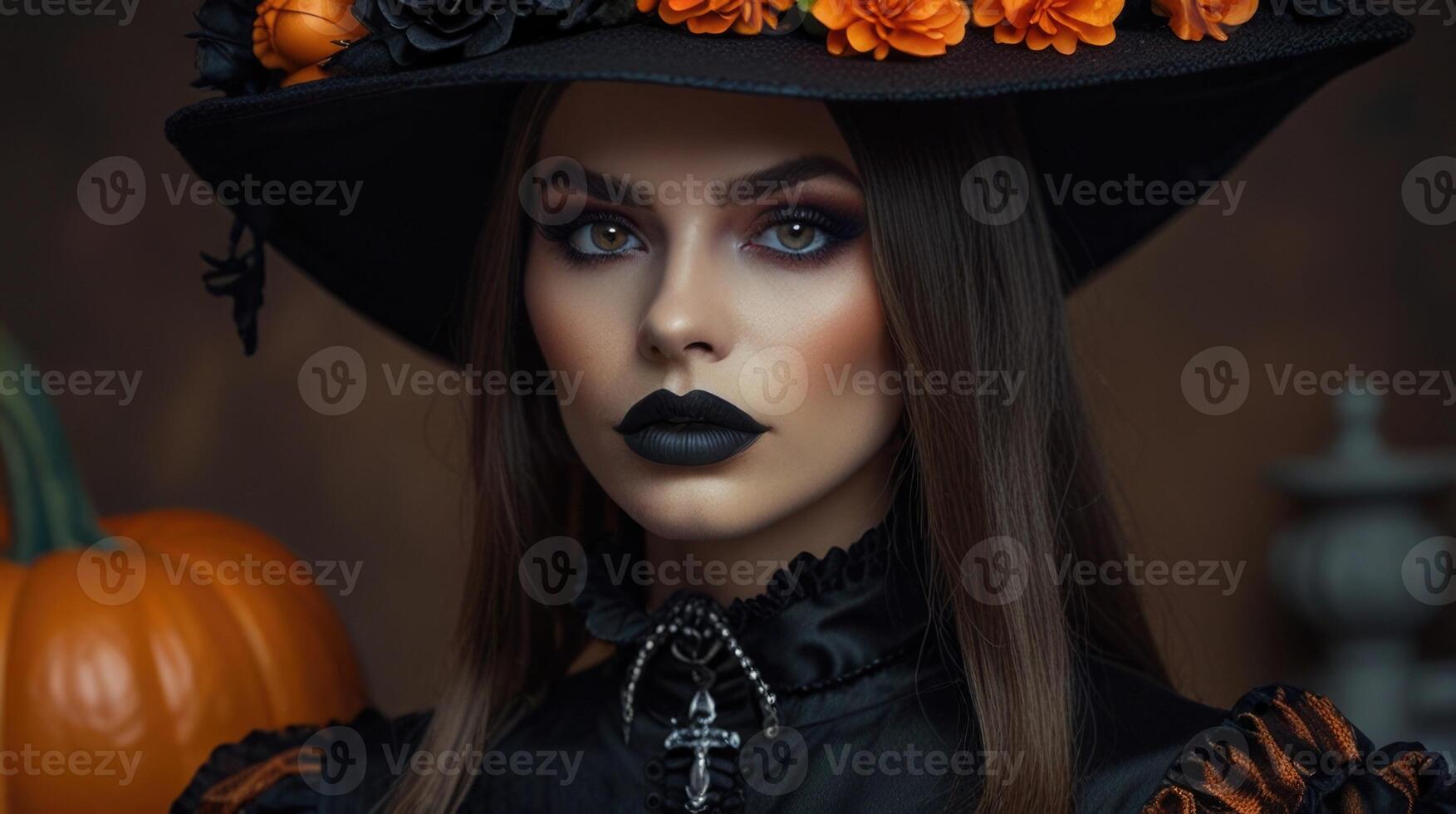 beautiful woman in witch hat and makeup photo