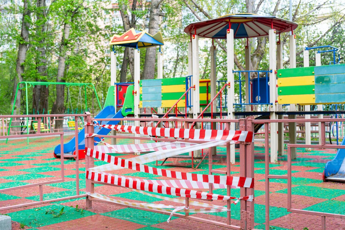 Prohibition of Prohibiting Red Ribbon. .Kindergarten is in quarantine. photo