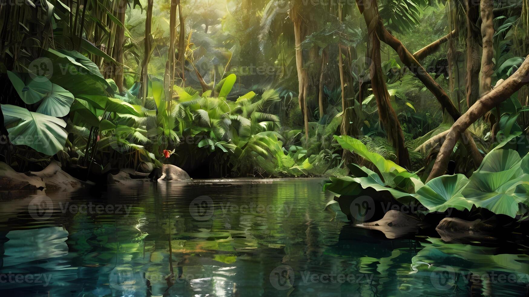 lush jungle with a slow-moving river winding through it photo