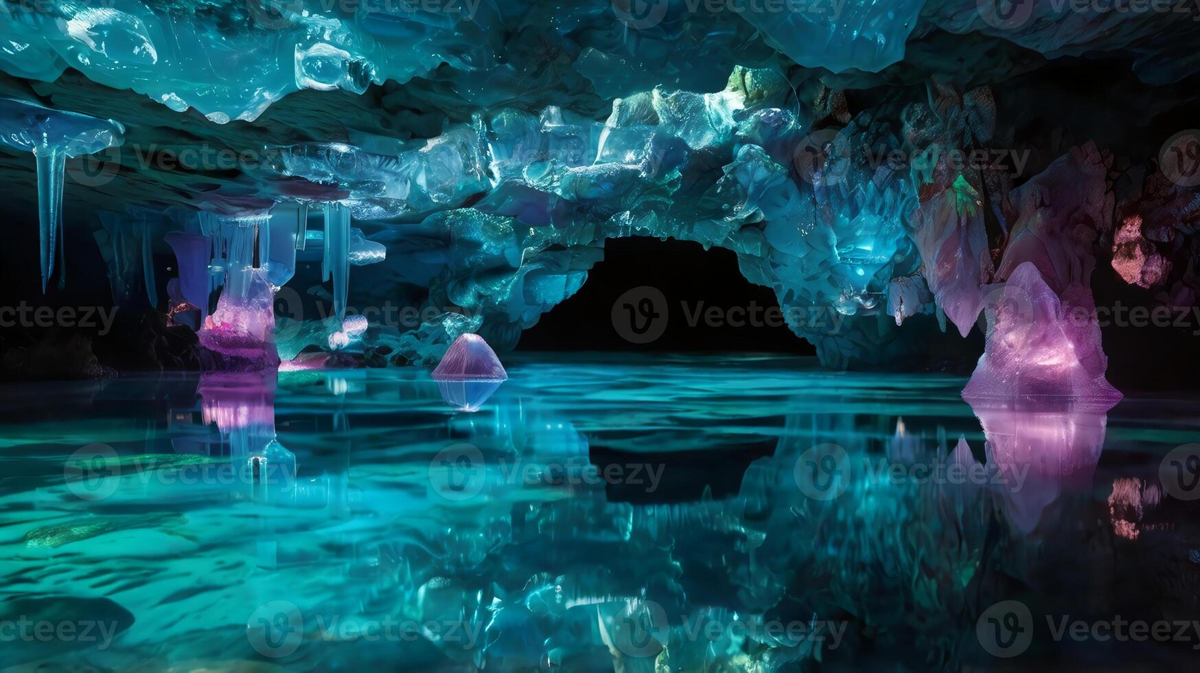 breathtaking underwater crystal cave, with walls and ceilings lined with sparkling, iridescent crystals. photo