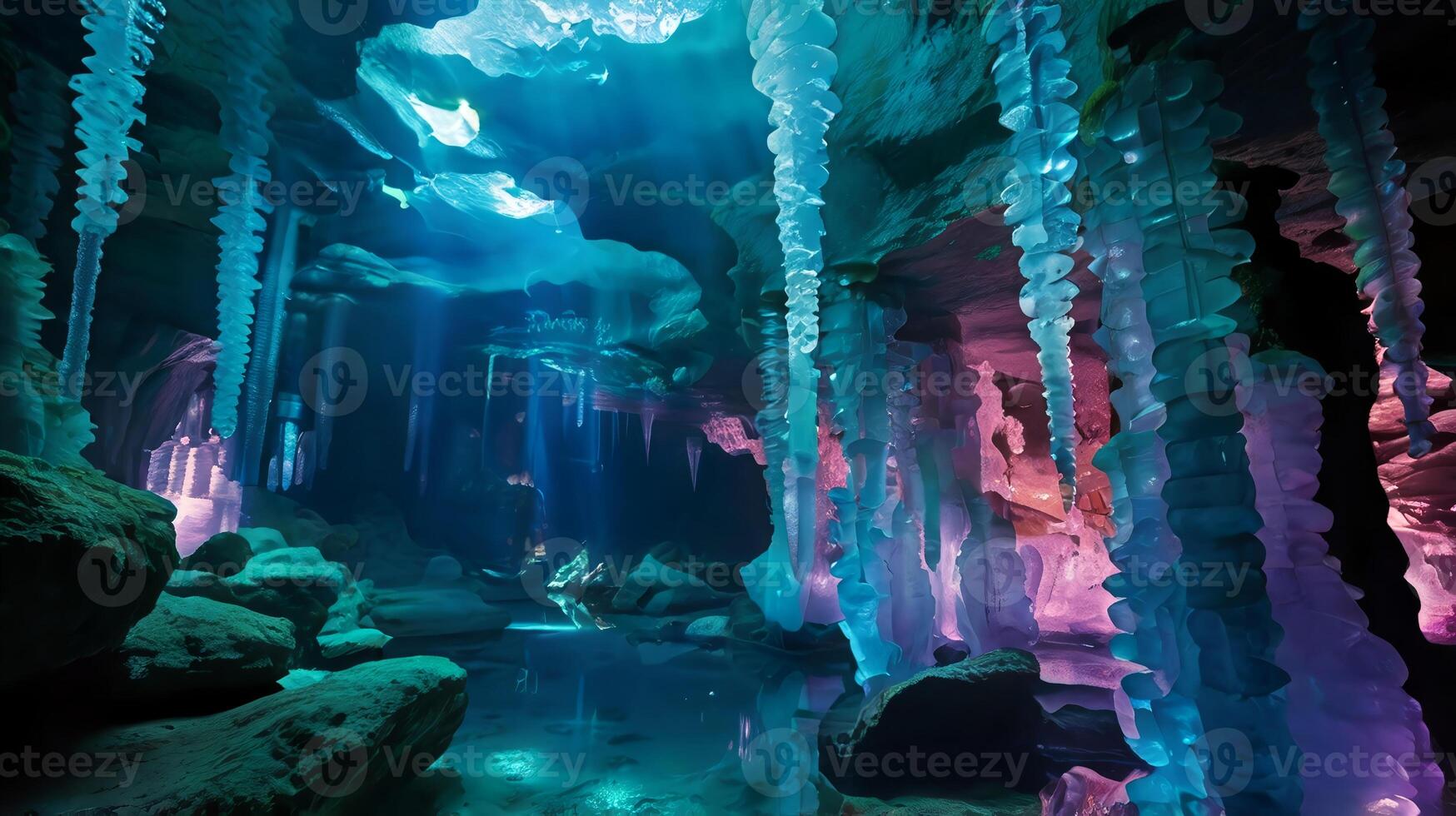 breathtaking underwater crystal cave, with walls and ceilings lined with sparkling, iridescent crystals. photo