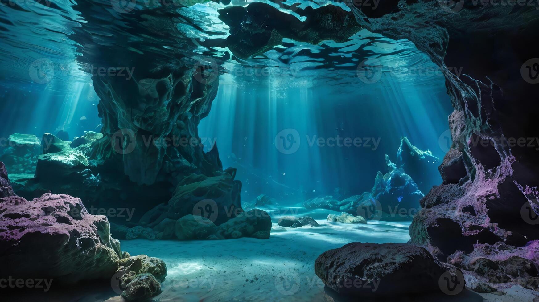 breathtaking underwater crystal cave, with walls and ceilings lined with sparkling, iridescent crystals. photo