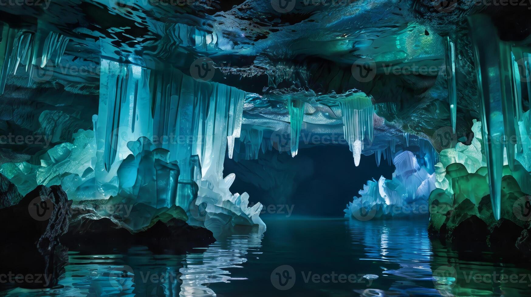 breathtaking underwater crystal cave, with walls and ceilings lined with sparkling, iridescent crystals. photo