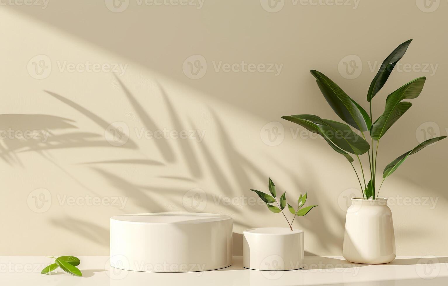 Blank podium mockup. Empty cylinder scene for cosmetic template. Empty platform. White stage background. Spa studio, beige pedestal. Minimal product showcase stand photo