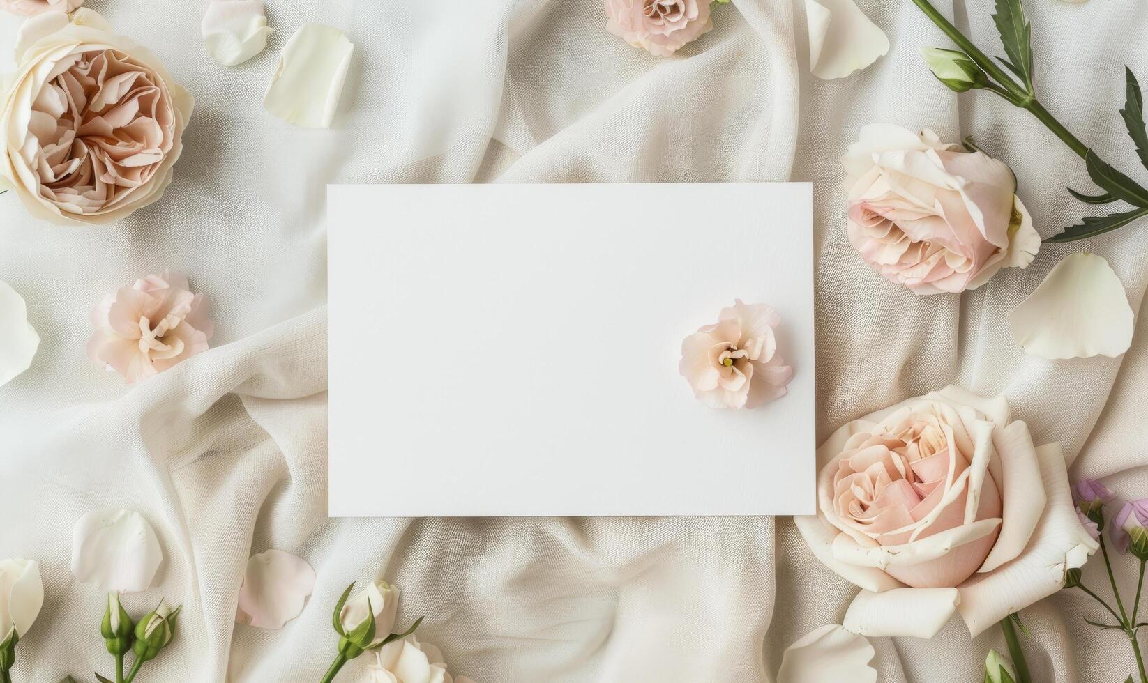 Blank paper card with flower background. Vintage love concept, minimal invitation. Empty mockup letter, clear frame. Copyspace list, wedding decoration on table photo