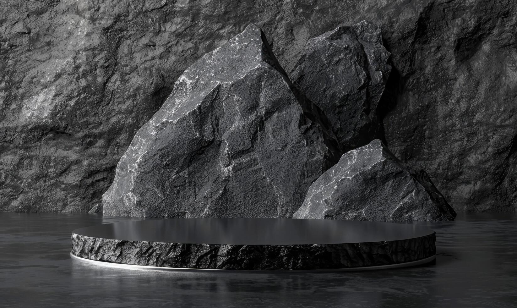 Black stone podium. 3d empty pedestal for mockup. Natural background with display. photo