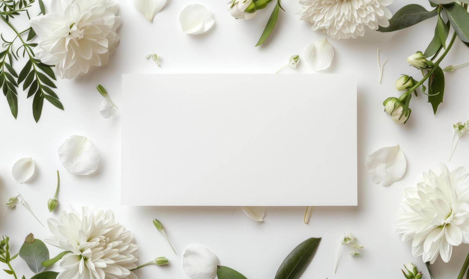 Blank paper card with flower background. Empty mockup letter, clear frame. Vintage love concept, minimal invitation. Copyspace list, wedding decoration on table photo