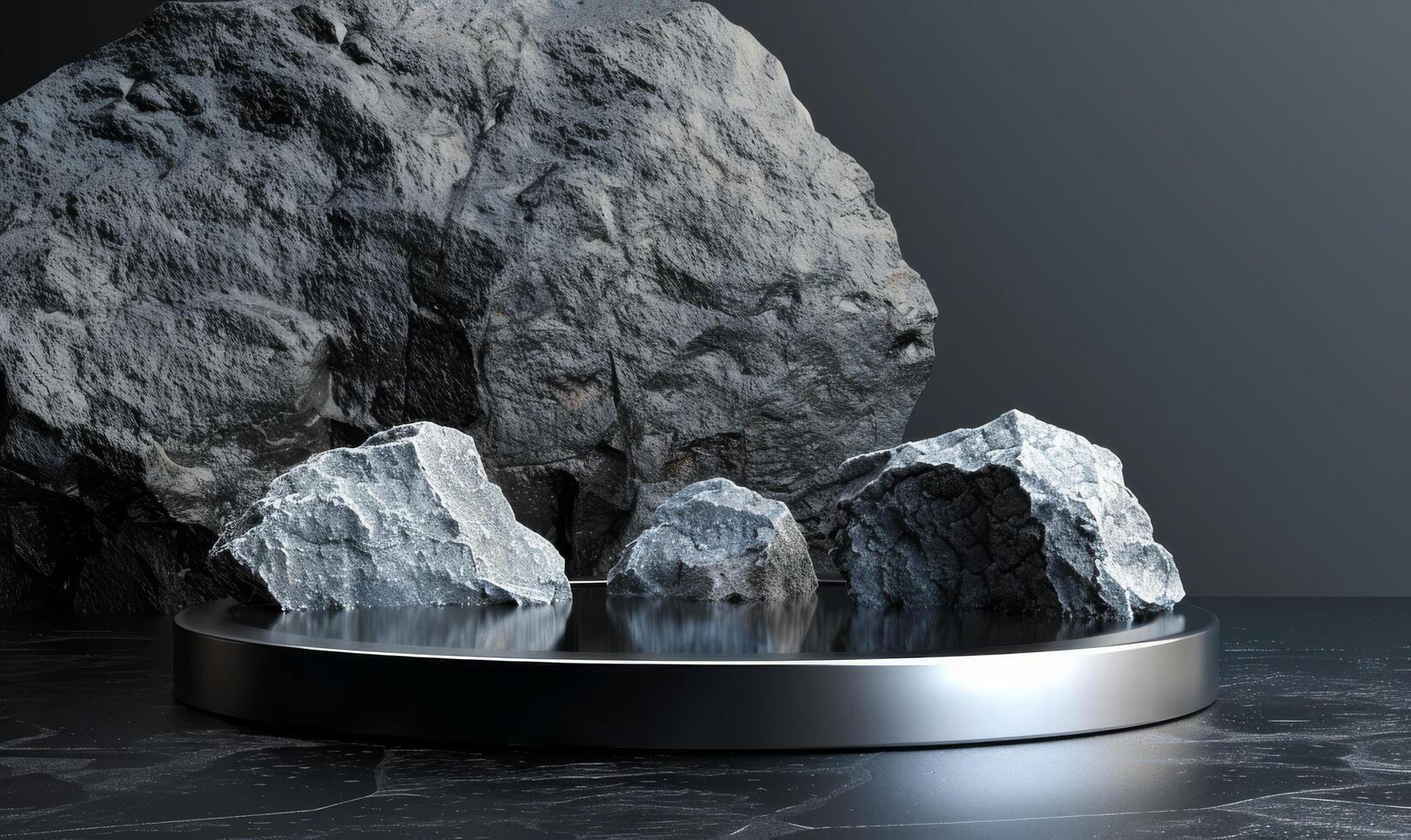 Black stone podium. Rock blank stage, minimal mountain template with copyspace. Dark scene for business presentation. Natural background with display. 3d empty pedestal for mockup photo