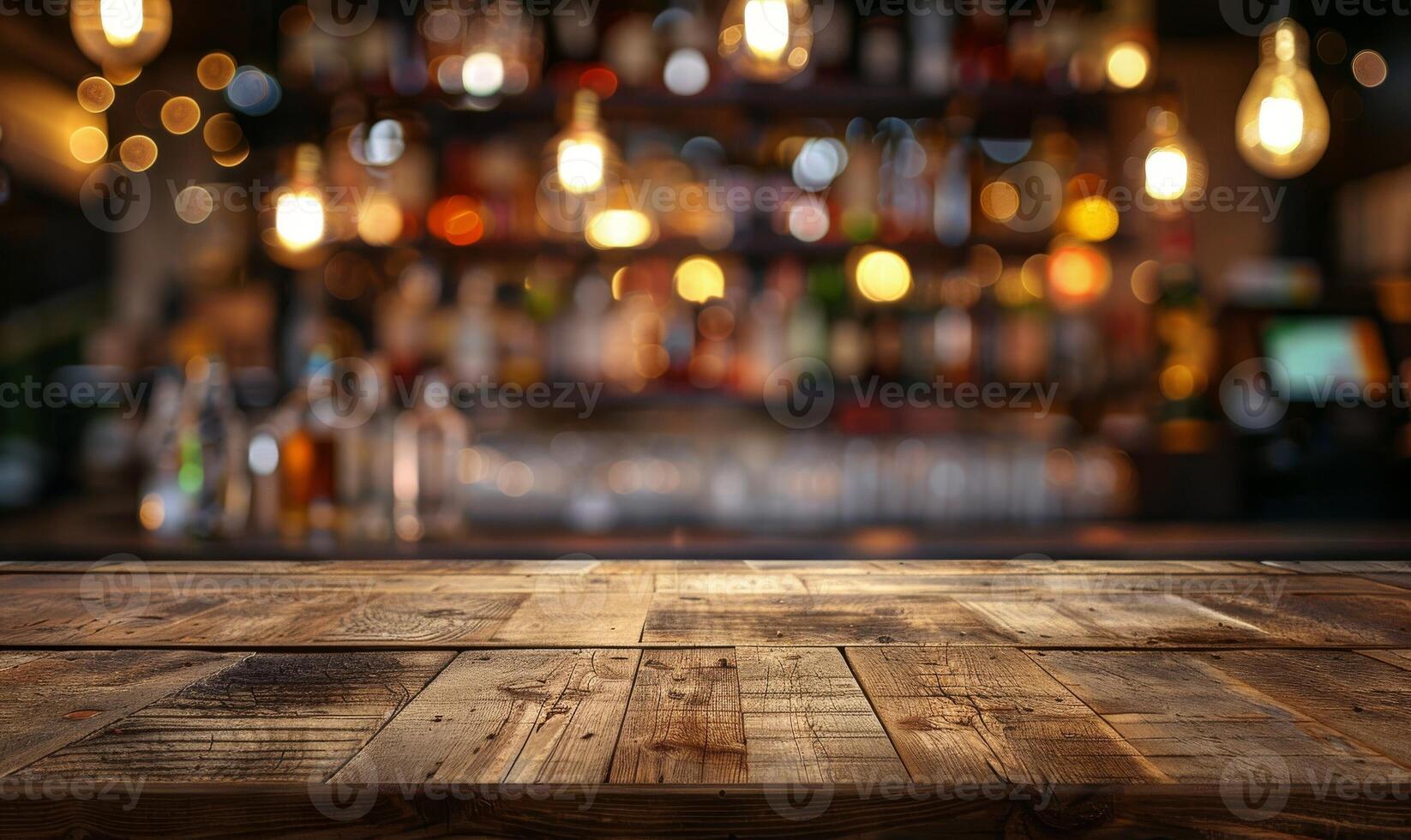 Wooden table in blurry bar. Blurred pub or restaurant. Vintage interior, copy space for business product or mockup. Empty wood counter in cafe photo