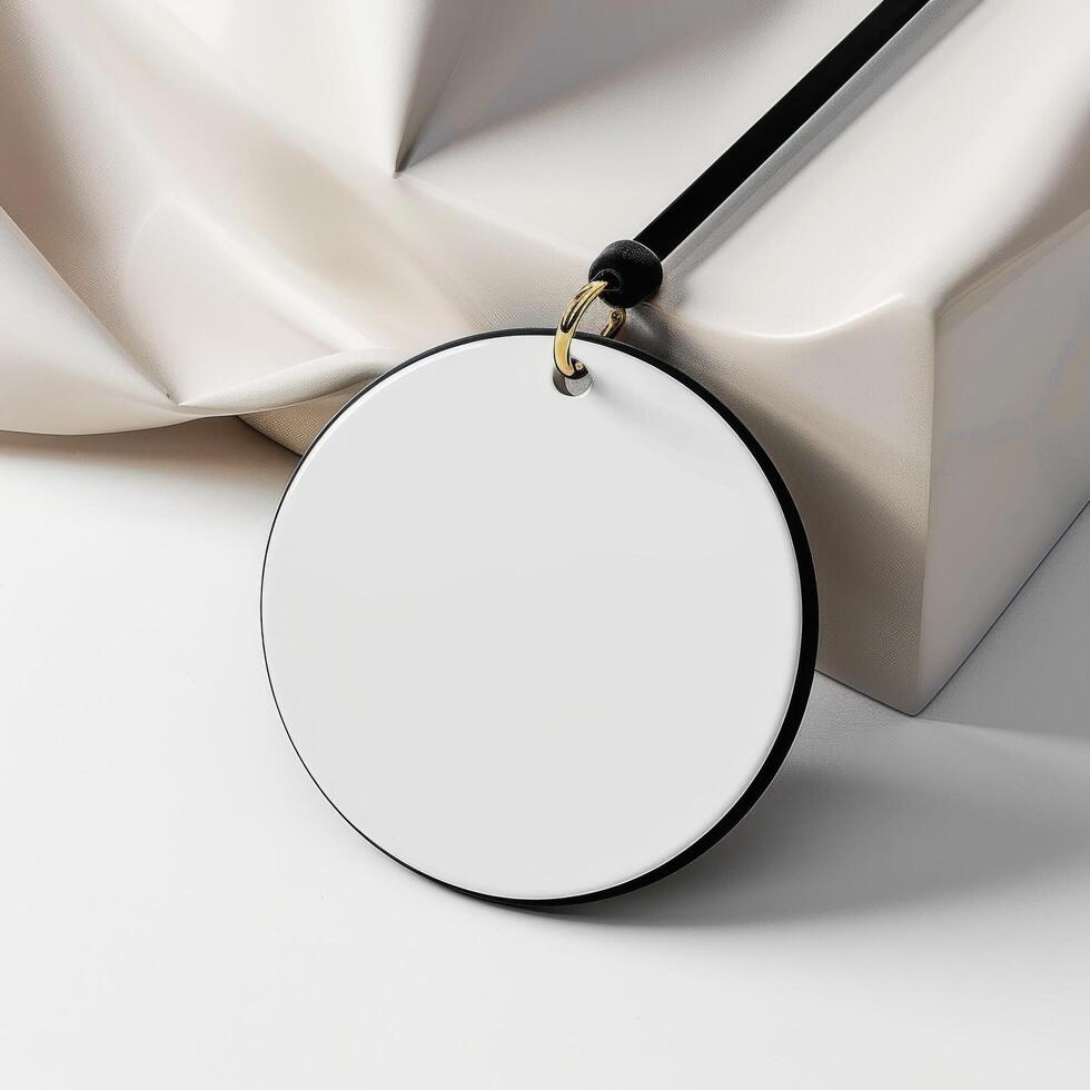 Fashion badge, white empty paper label. Luxury business blank tag. Mockup with copyspace photo