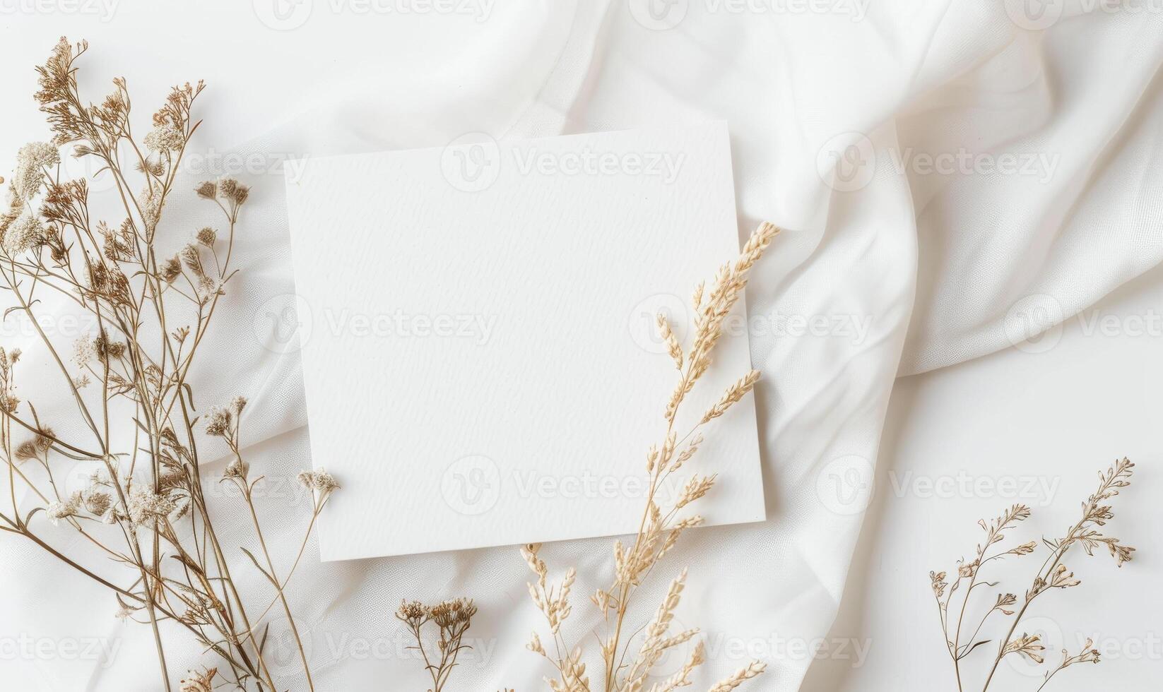 Blank paper card with flower background. Copyspace list, wedding decoration on table. Vintage love concept, minimal invitation. Empty mockup letter, clear frame photo