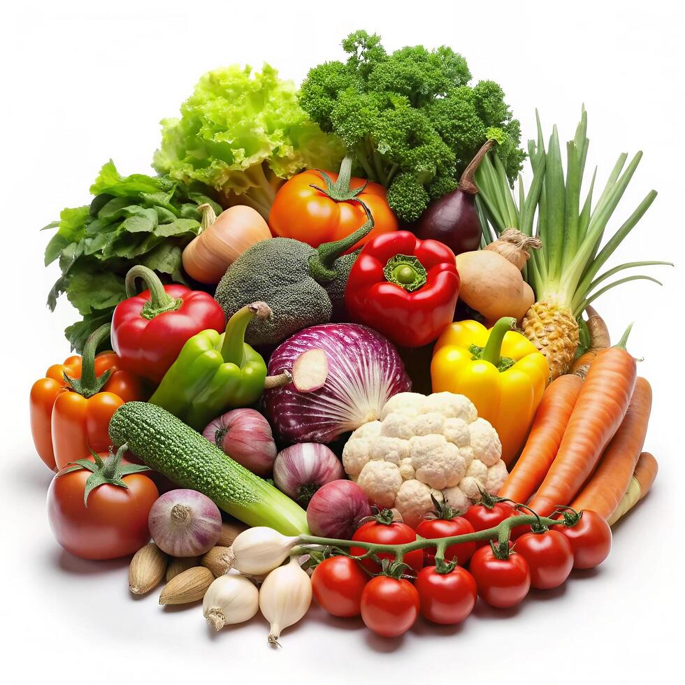 Fresh vegetables background. Healthy fresh organic vegetables on white background. photo