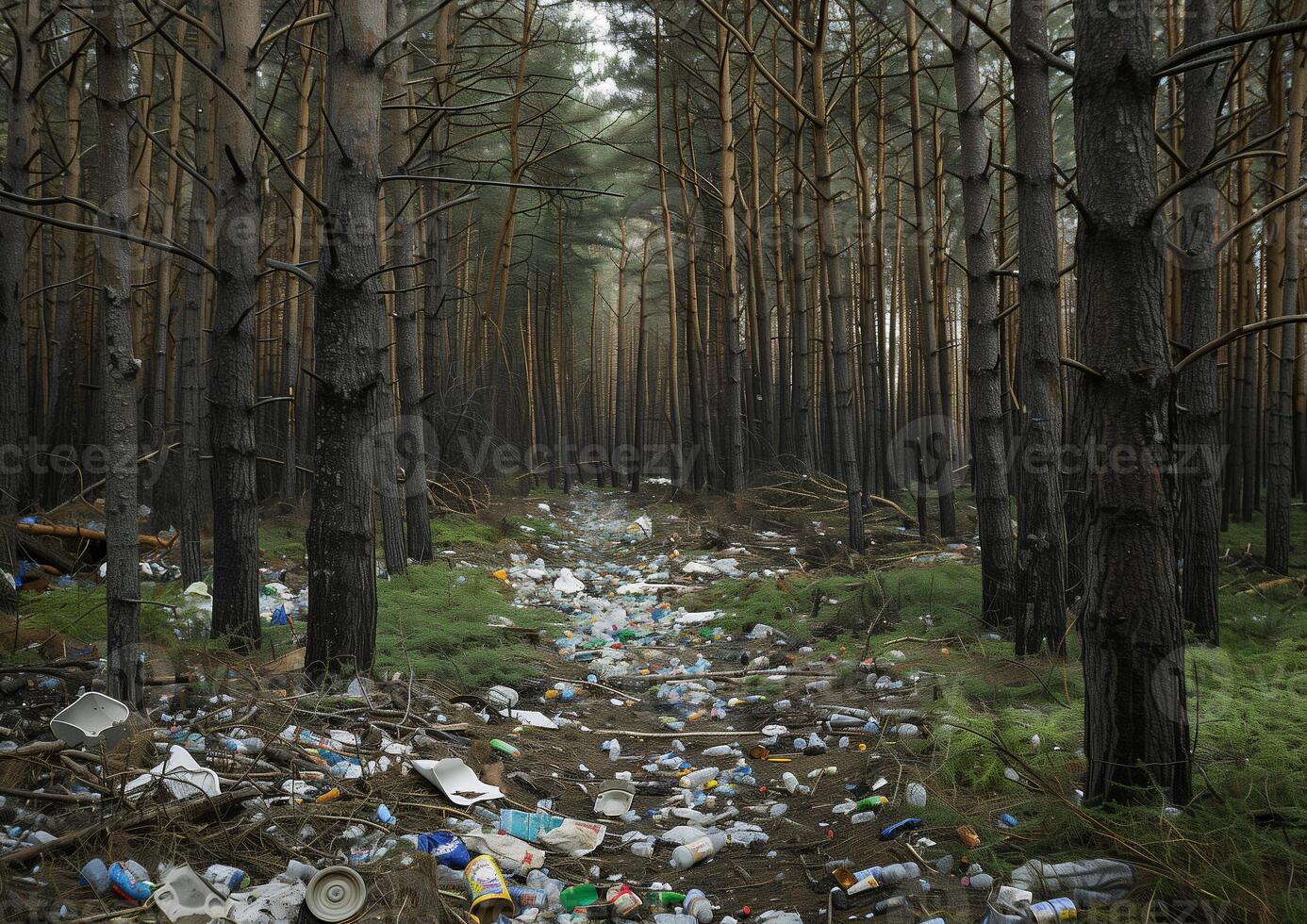 Forest under a layer of garbage. Once a picturesque forest, where the ground is completely covered with household waste photo