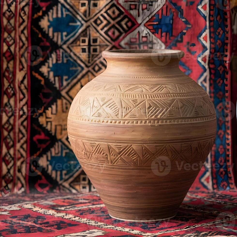 Terracotta vase with indigenous pattern, Antique vase with indigenous pattern, Terracotta vase with indigenous pattern. photo