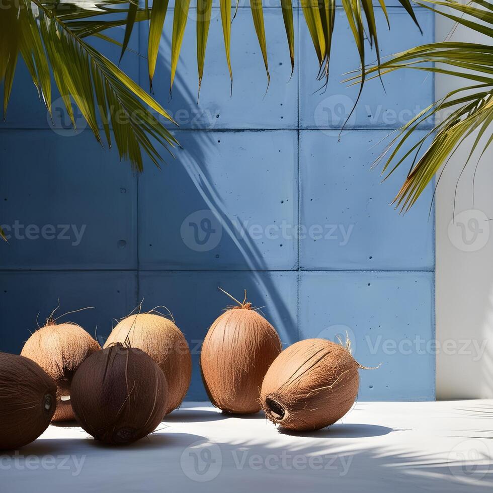 Tropical fruits studio composition, Tropical fruits composition, A blue wall with palm trees and pots on it photo