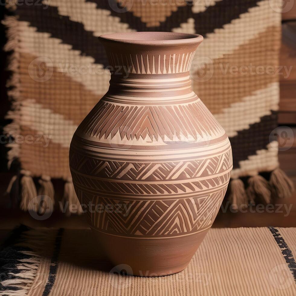 Terracotta vase with indigenous pattern, Antique vase with indigenous pattern, Terracotta vase with indigenous pattern. photo