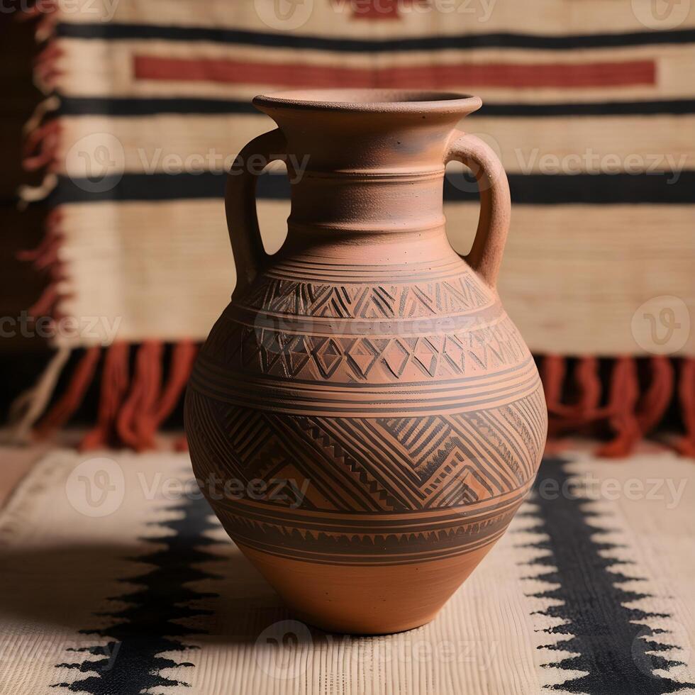 Terracotta vase with indigenous pattern, Antique vase with indigenous pattern, Terracotta vase with indigenous pattern. photo