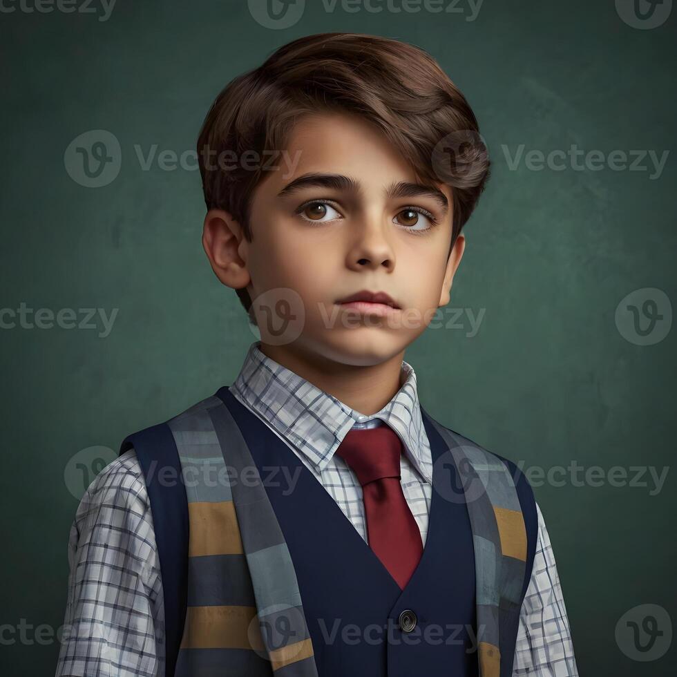 Photo boy cute boy character, There is a young boy in a suit and tie posing for a picture , Trendy fashion model with hair style kids outfit