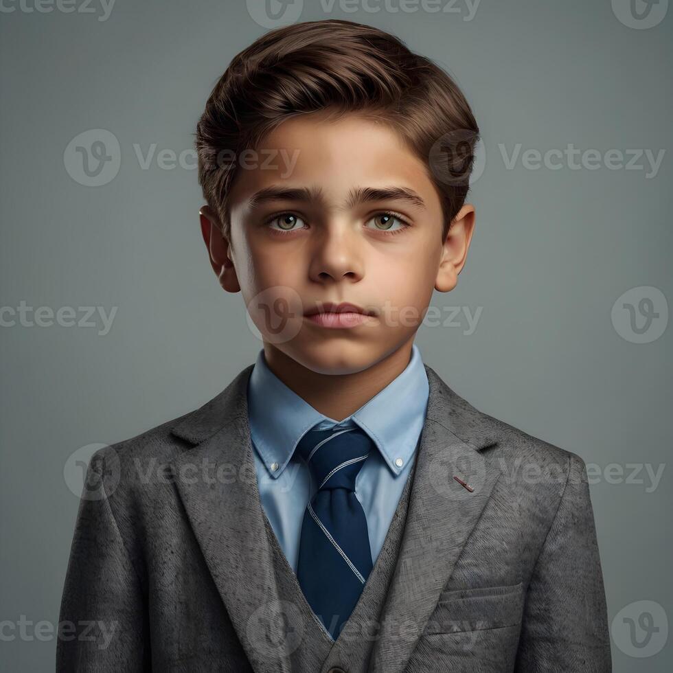 Photo boy cute boy character, There is a young boy in a suit and tie posing for a picture , Trendy fashion model with hair style kids outfit