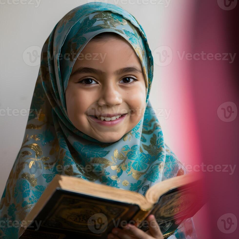 A girl is sitting on the floor reading a holy Quran, A girl holding a AlQuran book that says a on it, Arabic little Girl with lantern and gentle smile, A woman reading a book with the word. photo