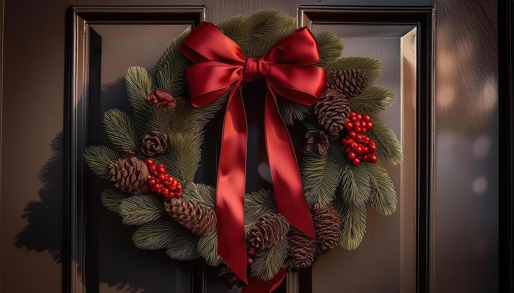 Christmas wreath decorated with red berries pinecones and a big red bow hanging on a front door photo