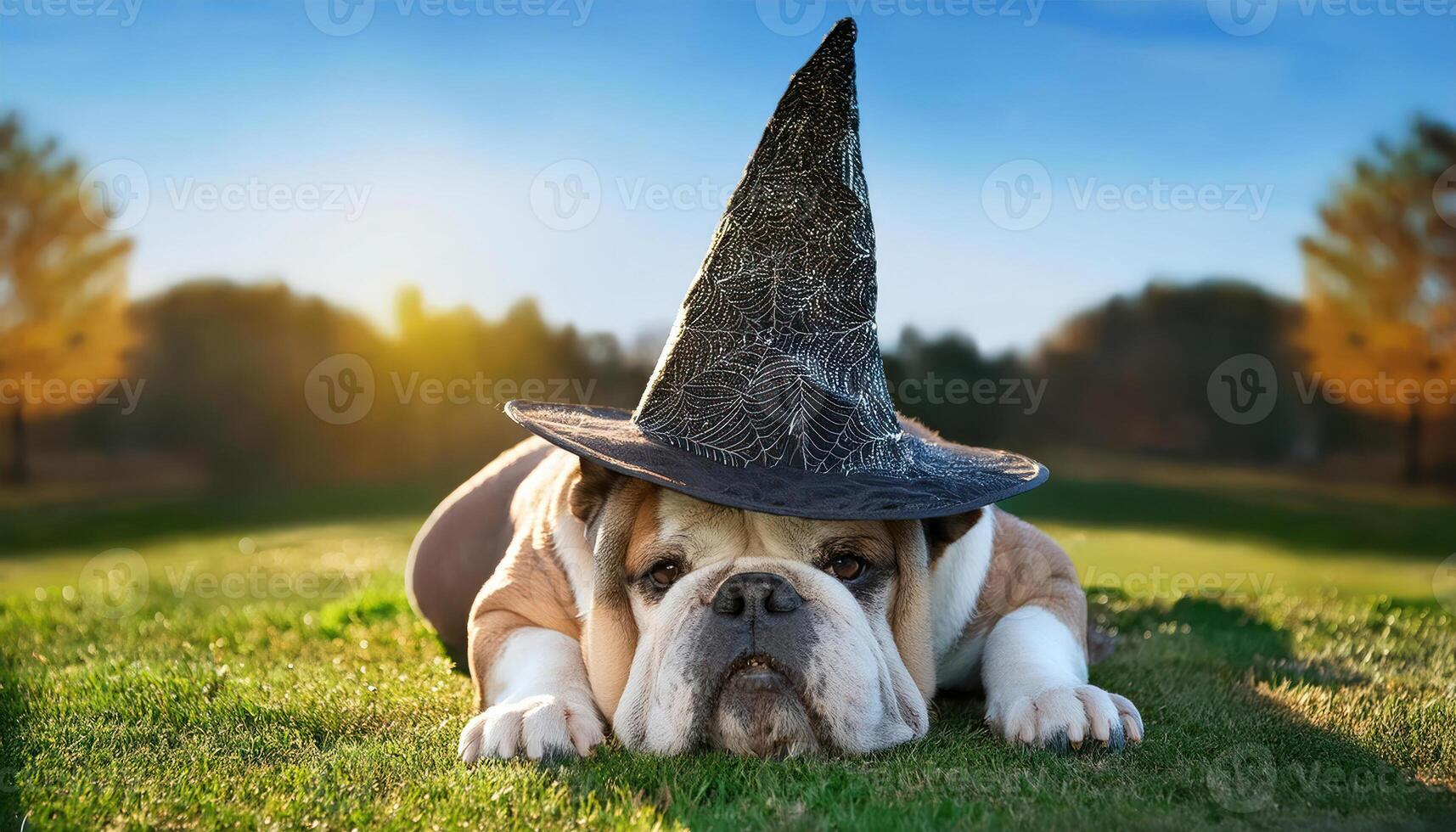 A relaxed bulldog wearing the witch Halloween hat with a satisfied expression lies on a grass photo