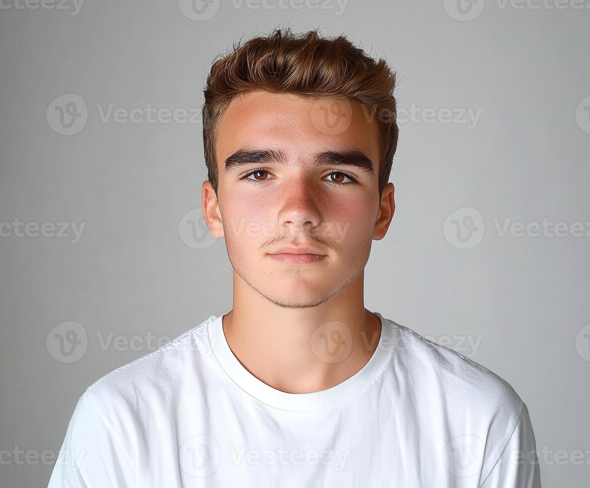 Young man with neutral expression posing against a plain background photo