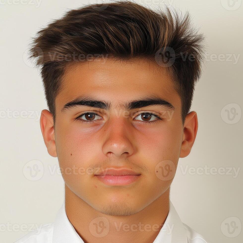 Young man with light brown hair in a white shirt photo