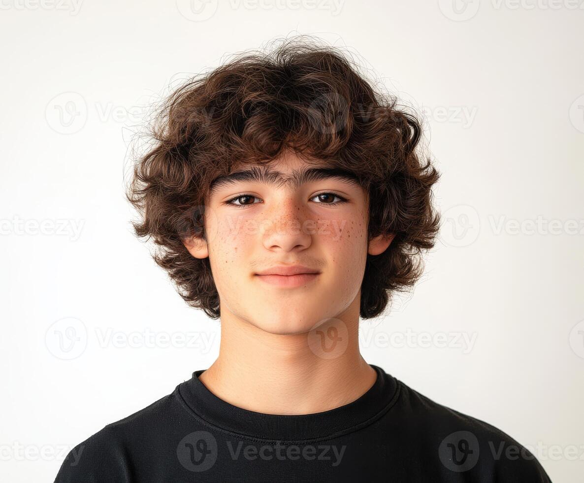 Young male with curly hair poses against a plain background photo