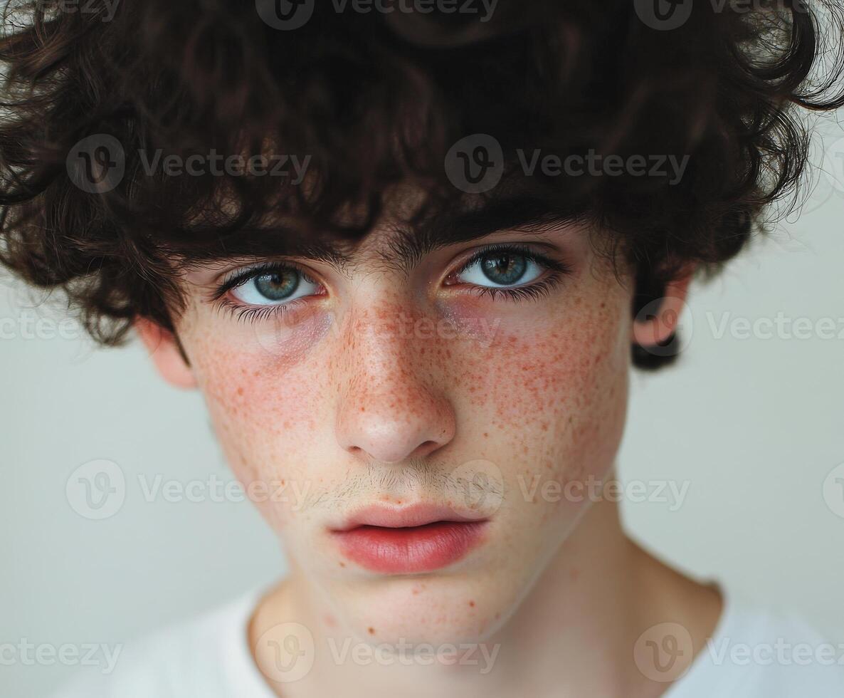 Young boy with curly hair and freckles gazes directly at the camera photo