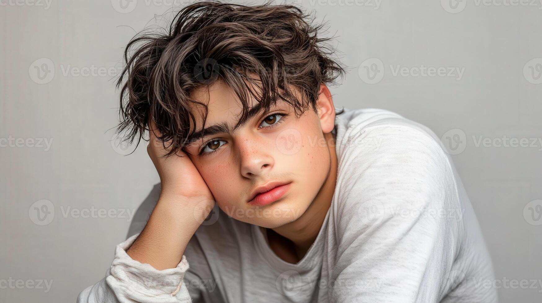 Young male staring thoughtfully, wearing a light shirt indoors photo
