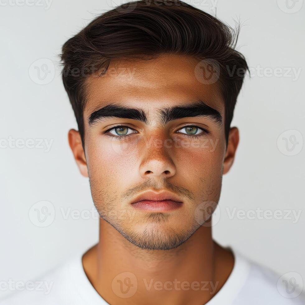 Young man with striking features and captivating gaze indoors photo