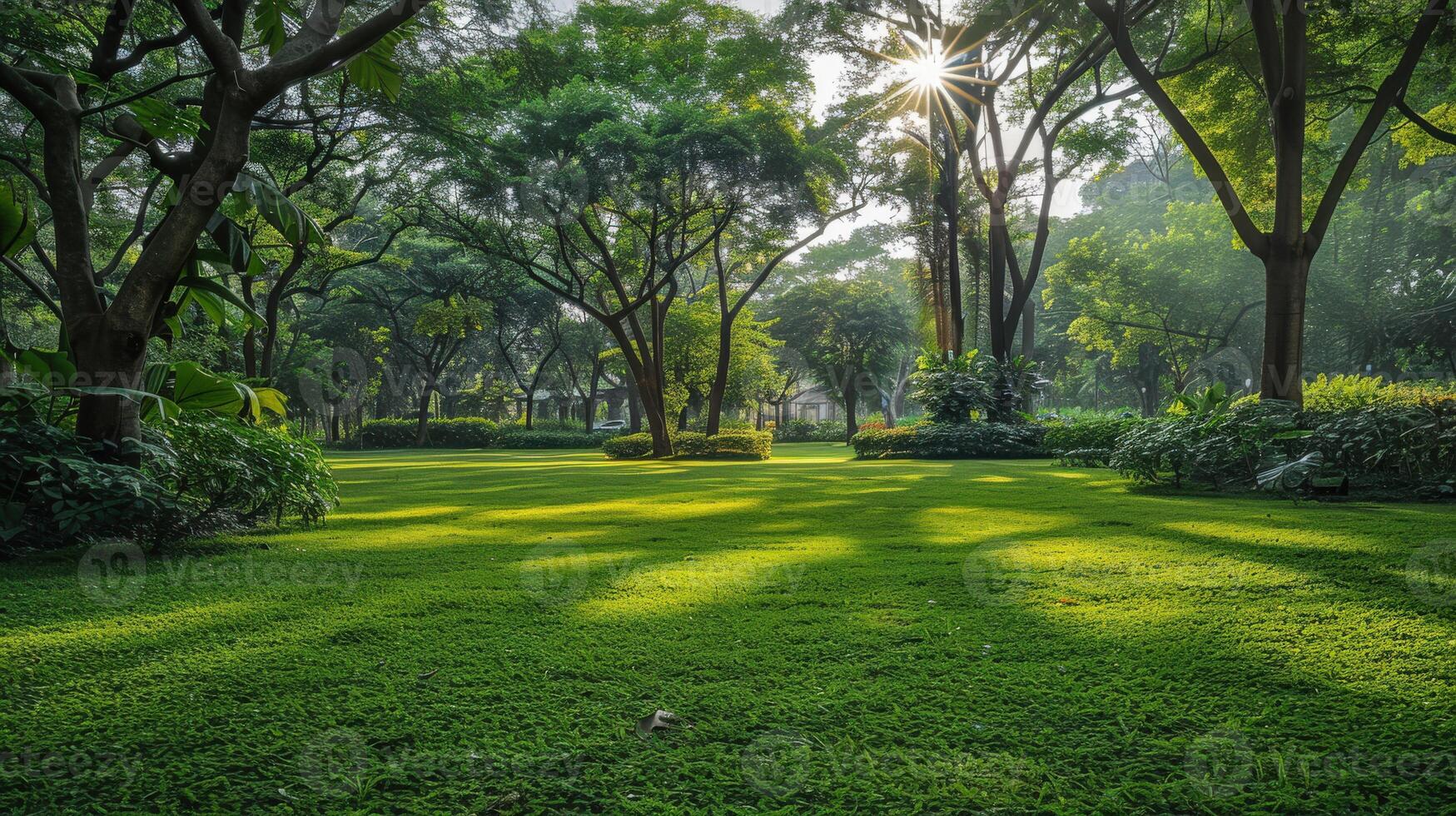 Tranquil park with lush green lawn and sunlit trees in the morning photo