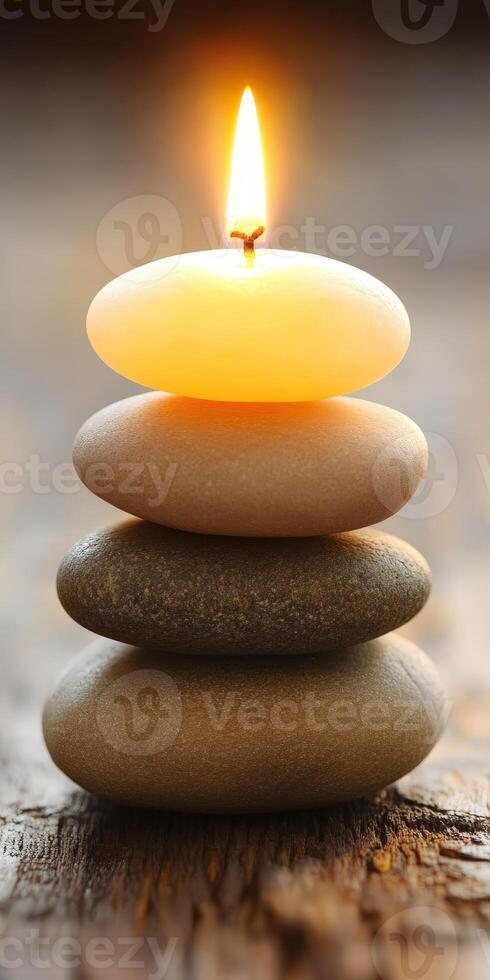 Peaceful zen arrangement with candles and stacked stones indoors photo