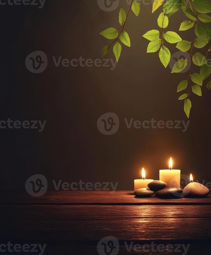 Relaxing zen background featuring candles and stones on a wooden table photo