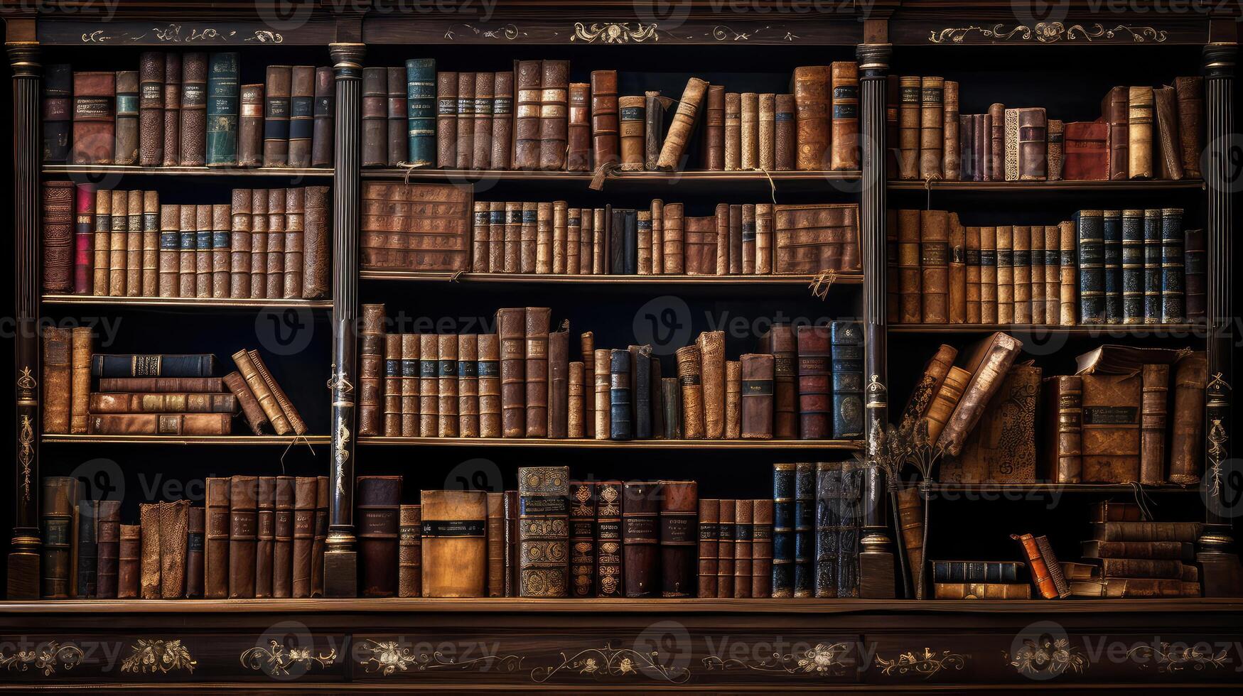 Antique wooden bookshelf filled with classic leather-bound books photo