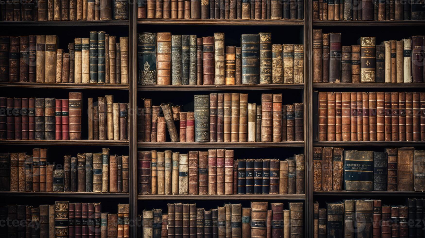 A vintage library bookshelf filled with old leather-bound books photo